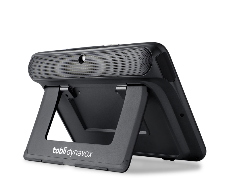 View of the back of Tobii Dynavox TD I-110 communication device featuring integrated stand